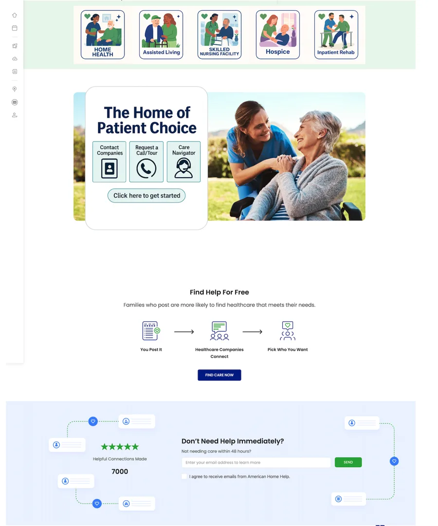 The American Home Help homepage: care types, the patient choice search and the care navigator